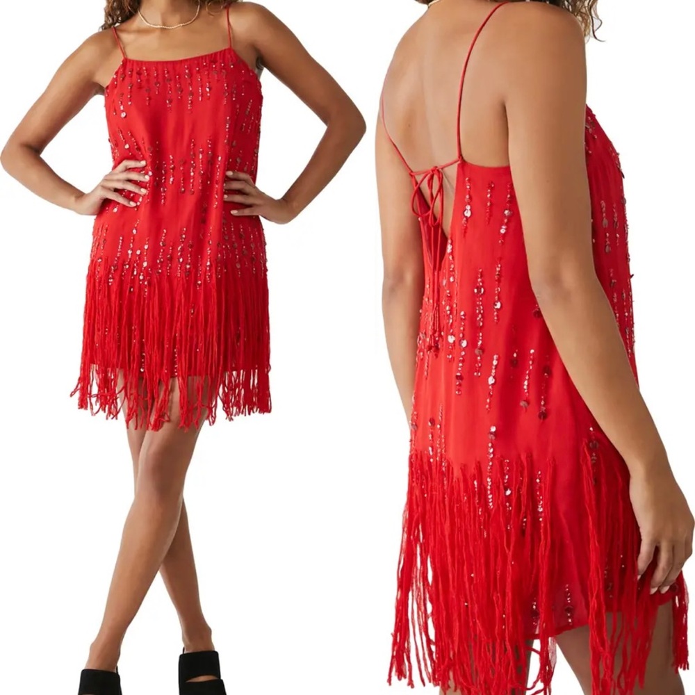 FREE PEOPLE CRYSTAL CLEAR MINI DRESS IN FIERY RED